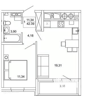 1-к квартира, вторичка, 42м2, 9/26 этаж