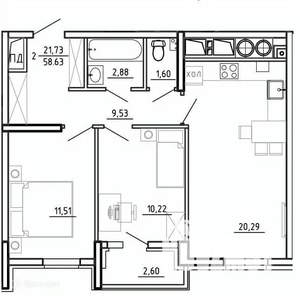 2-к квартира, вторичка, 59м2, 21/26 этаж