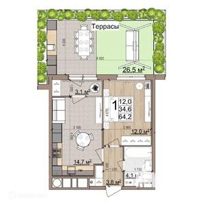 1-к квартира, вторичка, 64м2, 1/26 этаж