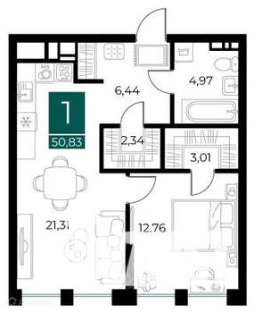 1-к квартира, вторичка, 51м2, 3/14 этаж