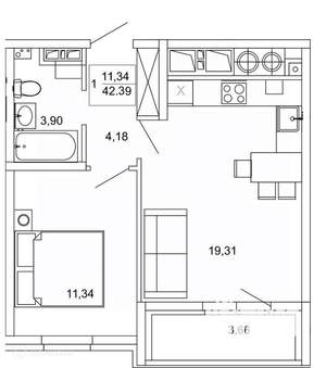 1-к квартира, вторичка, 42м2, 2/26 этаж