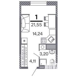 1-к квартира, строящийся дом, 22м2, 2/25 этаж