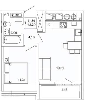 1-к квартира, вторичка, 42м2, 9/26 этаж