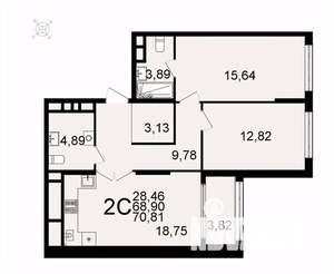 2-к квартира, вторичка, 71м2, 13/26 этаж