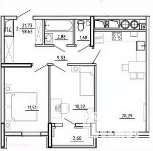 2-к квартира, вторичка, 59м2, 16/26 этаж