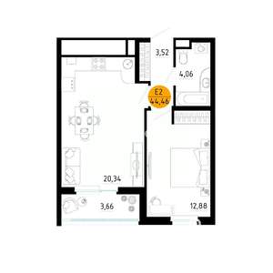 1-к квартира, вторичка, 44м2, 3/25 этаж