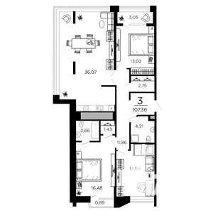 3-к квартира, вторичка, 107м2, 17/19 этаж