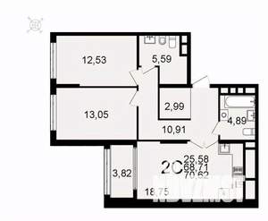 2-к квартира, вторичка, 71м2, 1/26 этаж