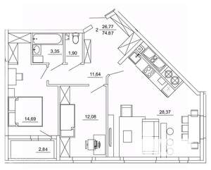 2-к квартира, вторичка, 75м2, 13/26 этаж
