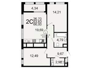2-к квартира, вторичка, 66м2, 23/26 этаж