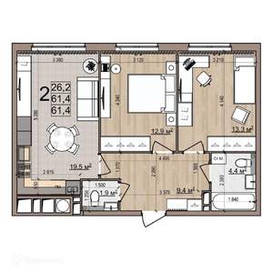 2-к квартира, вторичка, 61м2, 13/26 этаж
