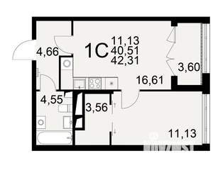 1-к квартира, вторичка, 41м2, 3/25 этаж