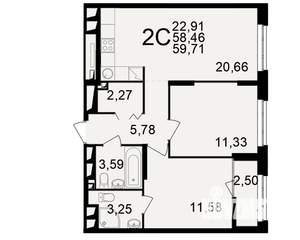 2-к квартира, вторичка, 58м2, 18/25 этаж