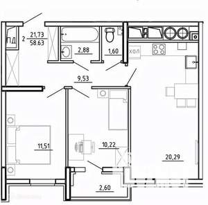 2-к квартира, вторичка, 59м2, 6/26 этаж