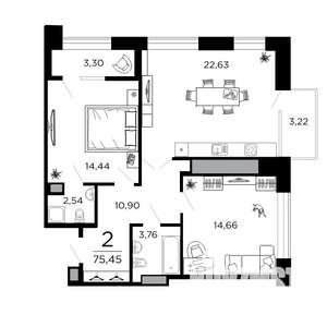 2-к квартира, вторичка, 75м2, 16/19 этаж