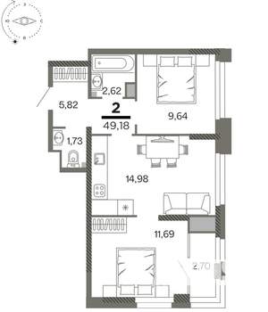 2-к квартира, вторичка, 49м2, 6/26 этаж