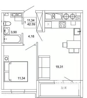 1-к квартира, вторичка, 42м2, 1/26 этаж