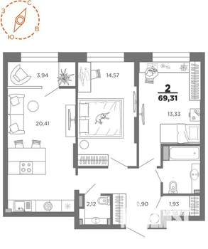 2-к квартира, вторичка, 69м2, 21/22 этаж