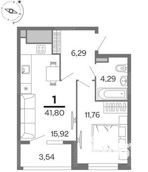 1-к квартира, строящийся дом, 42м2, 2/15 этаж