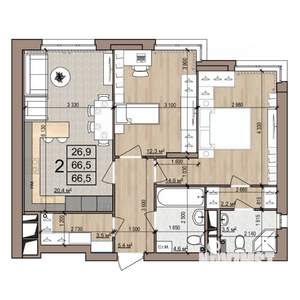 2-к квартира, строящийся дом, 67м2, 22/25 этаж