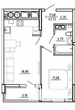 1-к квартира, вторичка, 43м2, 7/26 этаж