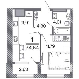 1-к квартира, строящийся дом, 35м2, 14/25 этаж
