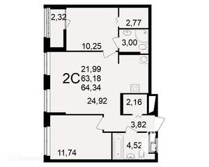 2-к квартира, вторичка, 64м2, 2/11 этаж