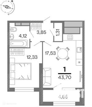1-к квартира, вторичка, 44м2, 15/17 этаж