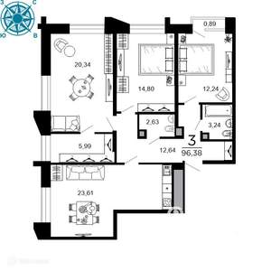 3-к квартира, вторичка, 96м2, 6/20 этаж