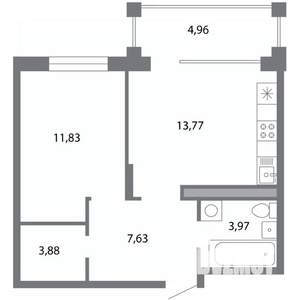 1-к квартира, строящийся дом, 44м2, 2/5 этаж