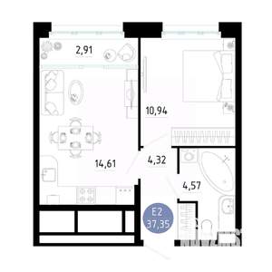 1-к квартира, вторичка, 37м2, 6/25 этаж