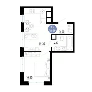 1-к квартира, вторичка, 32м2, 2/14 этаж