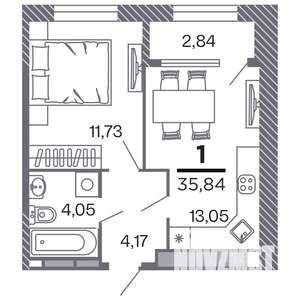 1-к квартира, строящийся дом, 36м2, 19/25 этаж