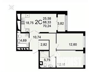 2-к квартира, вторичка, 70м2, 17/26 этаж
