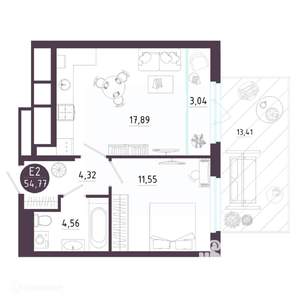 1-к квартира, вторичка, 55м2, 1/19 этаж