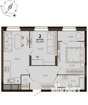 2-к квартира, вторичка, 63м2, 2/7 этаж
