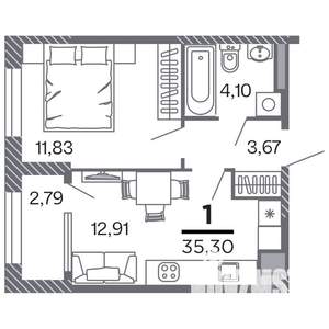 1-к квартира, строящийся дом, 35м2, 5/25 этаж