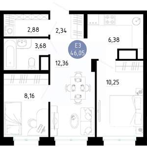 2-к квартира, вторичка, 46м2, 9/14 этаж