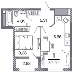 1-к квартира, строящийся дом, 38м2, 17/25 этаж