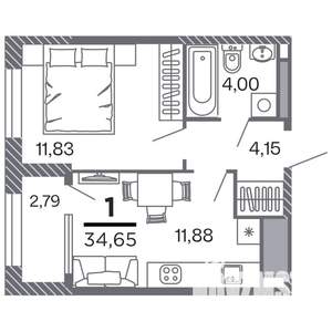 1-к квартира, строящийся дом, 35м2, 20/25 этаж