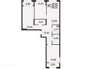 3-к квартира, вторичка, 88м2, 2/22 этаж