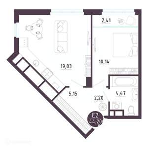 1-к квартира, вторичка, 44м2, 5/19 этаж