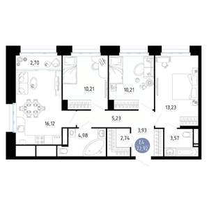 3-к квартира, вторичка, 73м2, 25/25 этаж