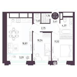 2-к квартира, вторичка, 58м2, 2/18 этаж