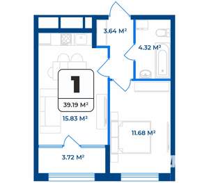 1-к квартира, строящийся дом, 39м2, 1/9 этаж