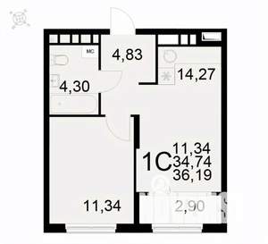 1-к квартира, вторичка, 36м2, 16/22 этаж