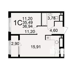 1-к квартира, вторичка, 35м2, 2/21 этаж