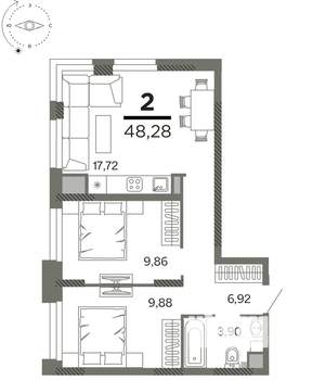 2-к квартира, вторичка, 48м2, 19/26 этаж