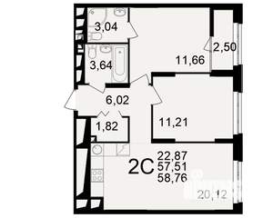 2-к квартира, вторичка, 58м2, 16/25 этаж