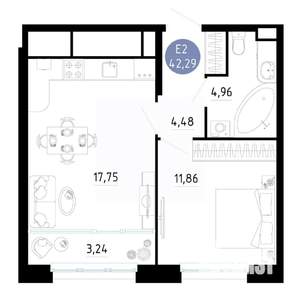 1-к квартира, вторичка, 42м2, 4/20 этаж